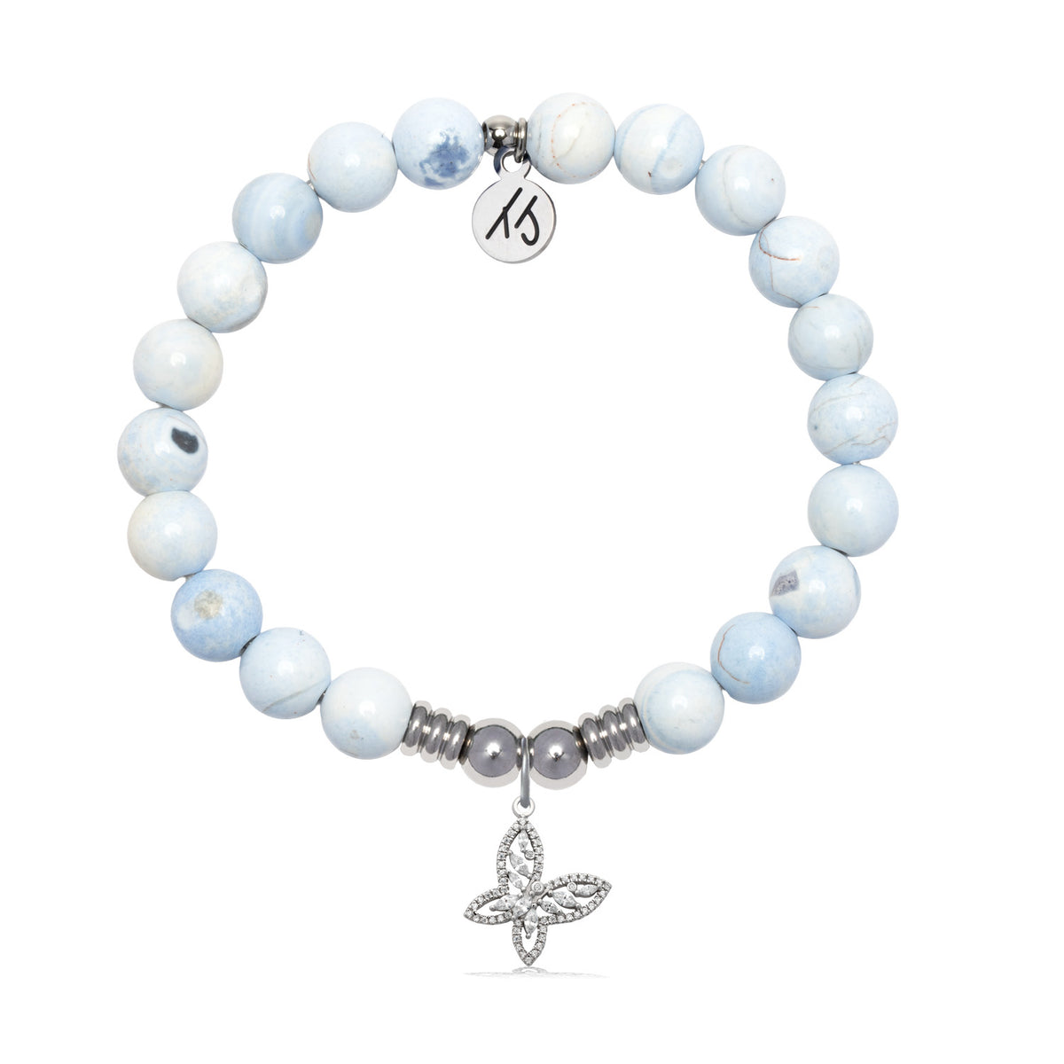 Butterfly CZ Charm with Light Blue White Agate Gemstone Bracelet