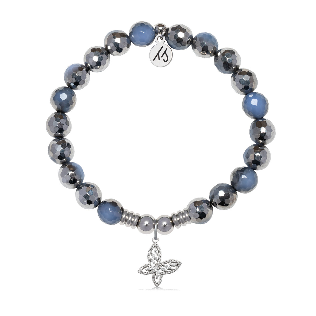 Butterfly CZ Charm with Silver Dipped Sky Blue Agate Gemstone Bracelet