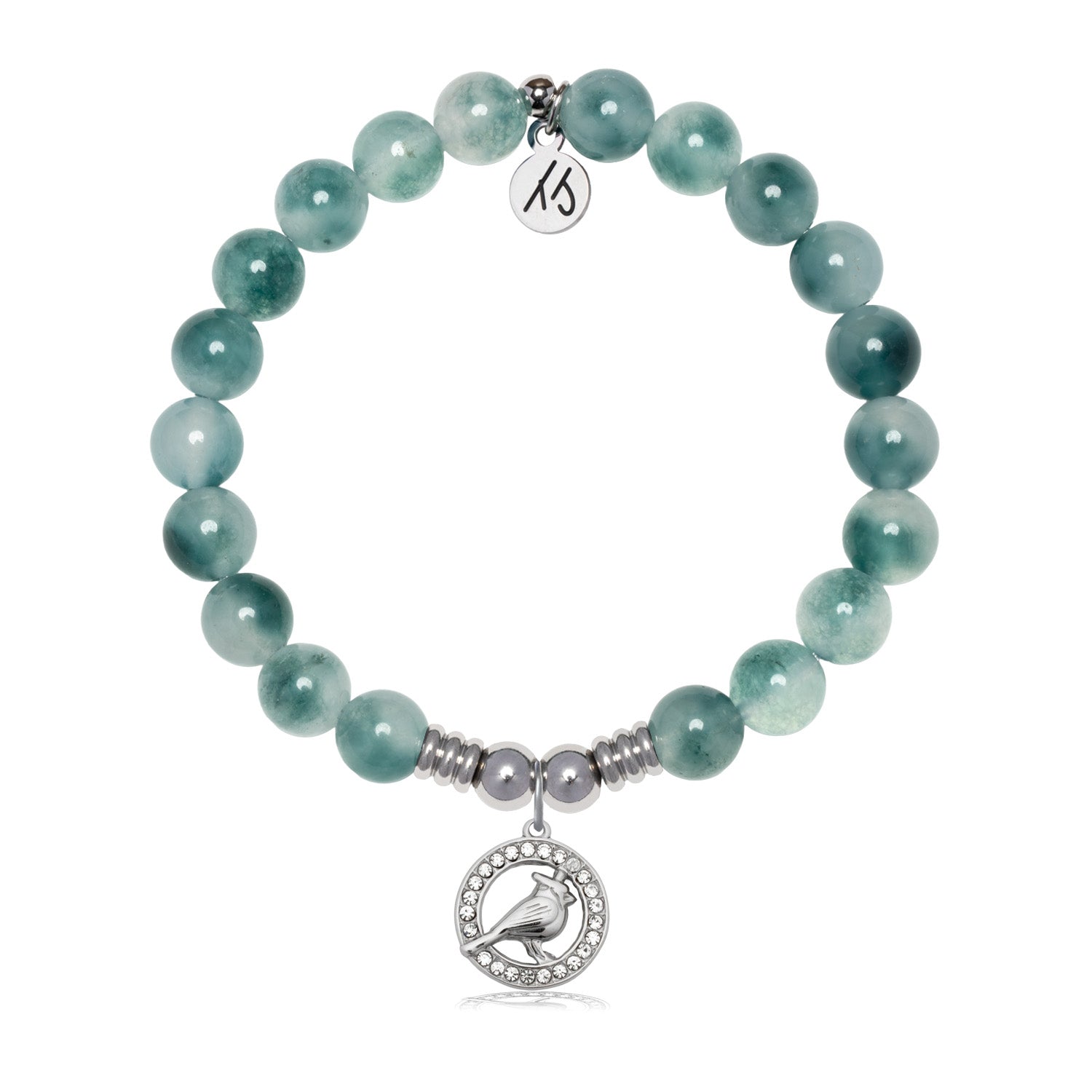 Cardinal CZ Charm with Teal White Jade Gemstone Bracelet