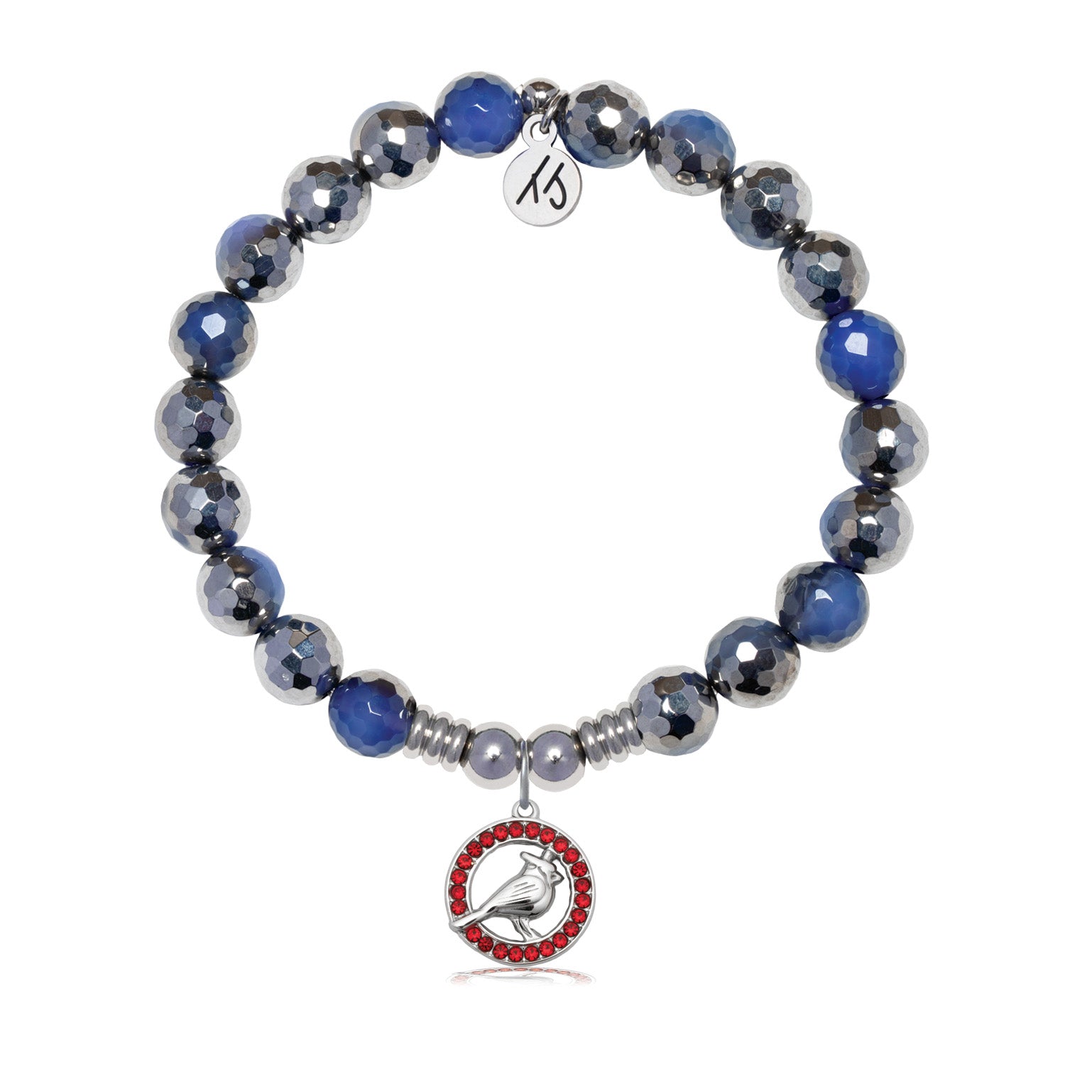 Cardinal Garnet CZ Charm with Silver Dipped Sky Blue Agate Gemstone Bracelet