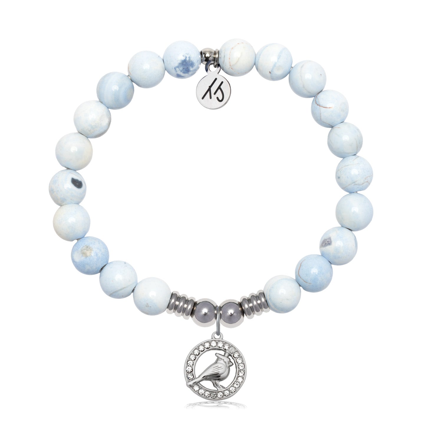 Cardinal White CZ Charm with Light Blue White Agate Gemstone Bracelet