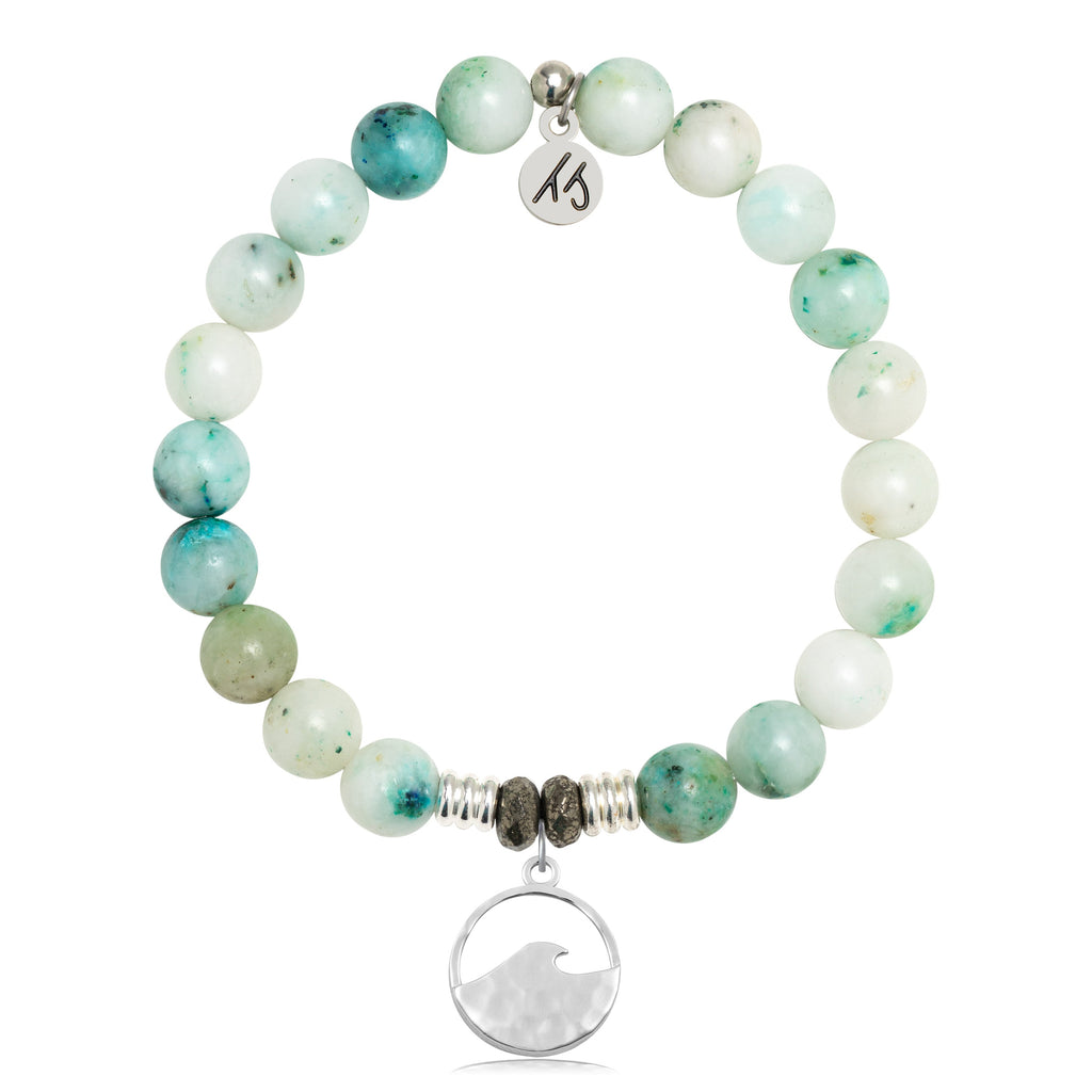 Caribbean Quartzite Stone Bracelet with Hammered Waves Sterling Silver Charm