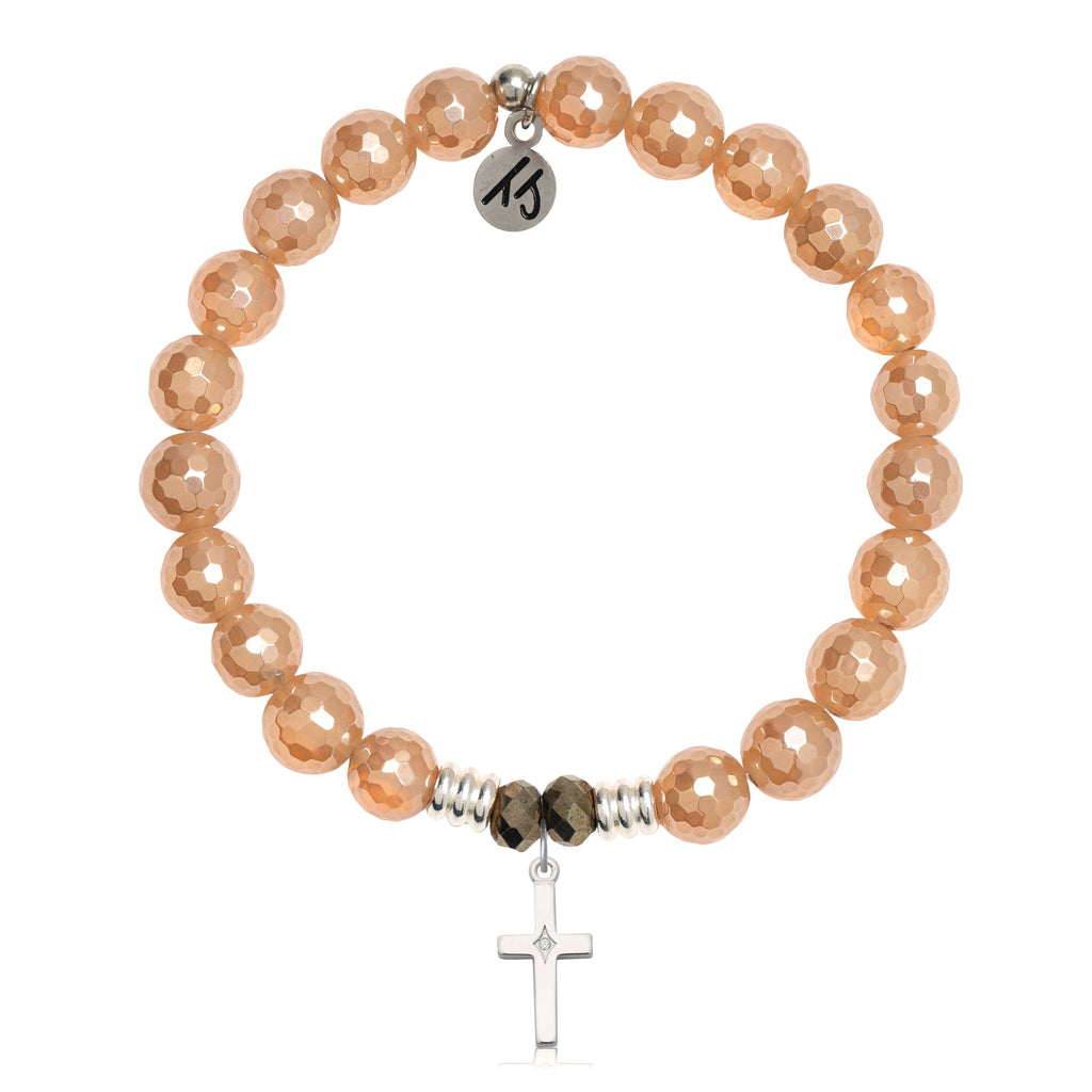 Champagne Agate Gemstone Bracelet with Cross CZ Sterling Silver Charm