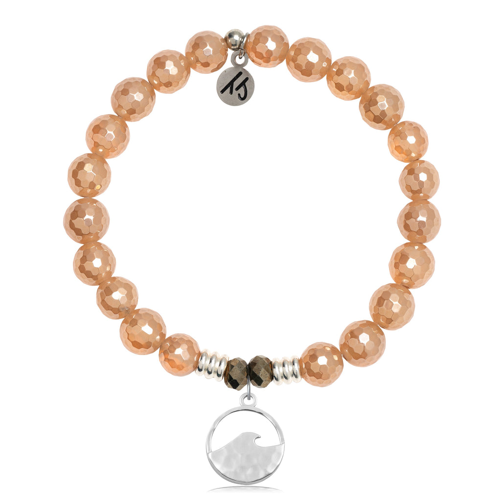 Champagne Agate Stone Bracelet with Hammered Waves Sterling Silver Charm