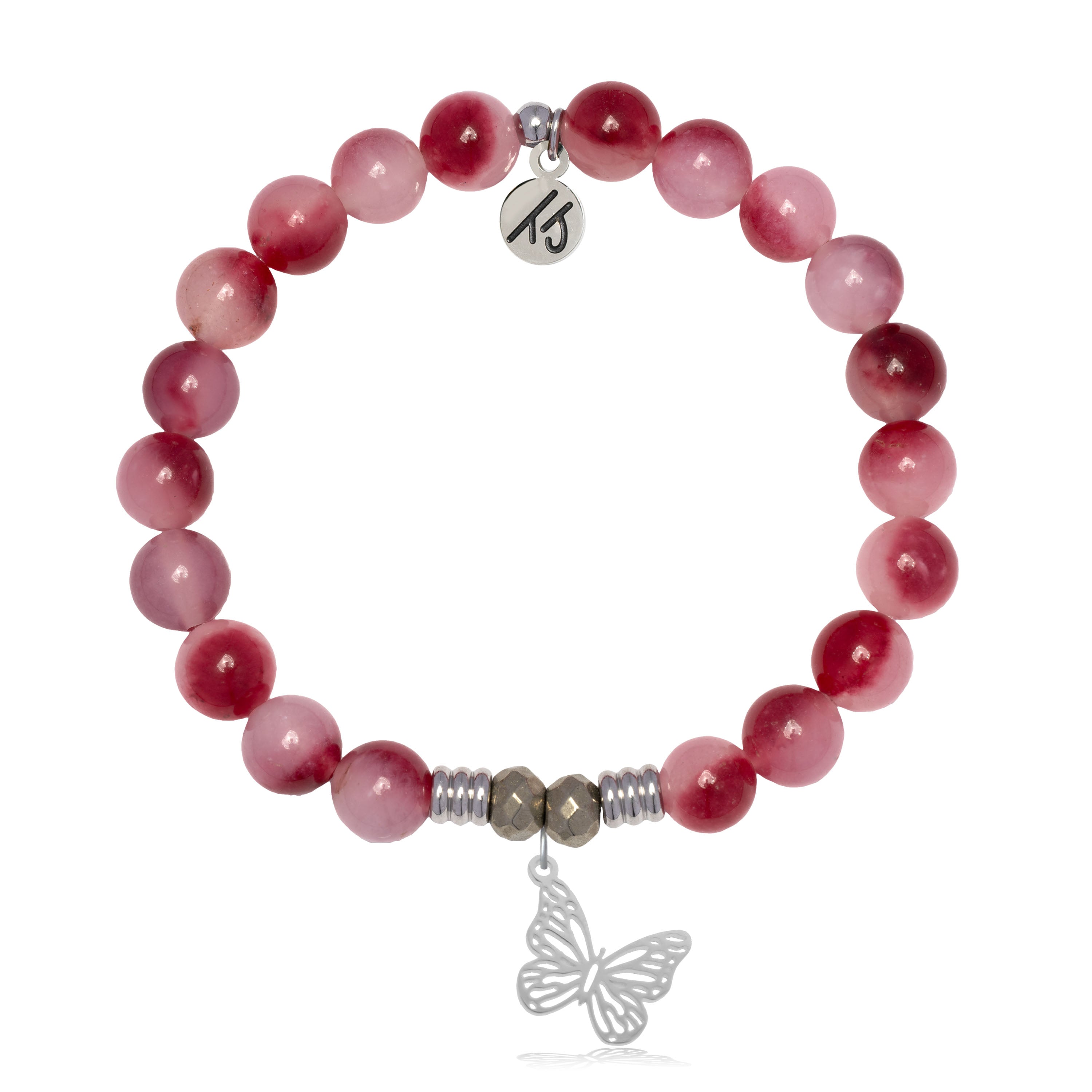Cherry Jade Gemstone Bracelet with Butterfly Cutout Sterling Silver Charm