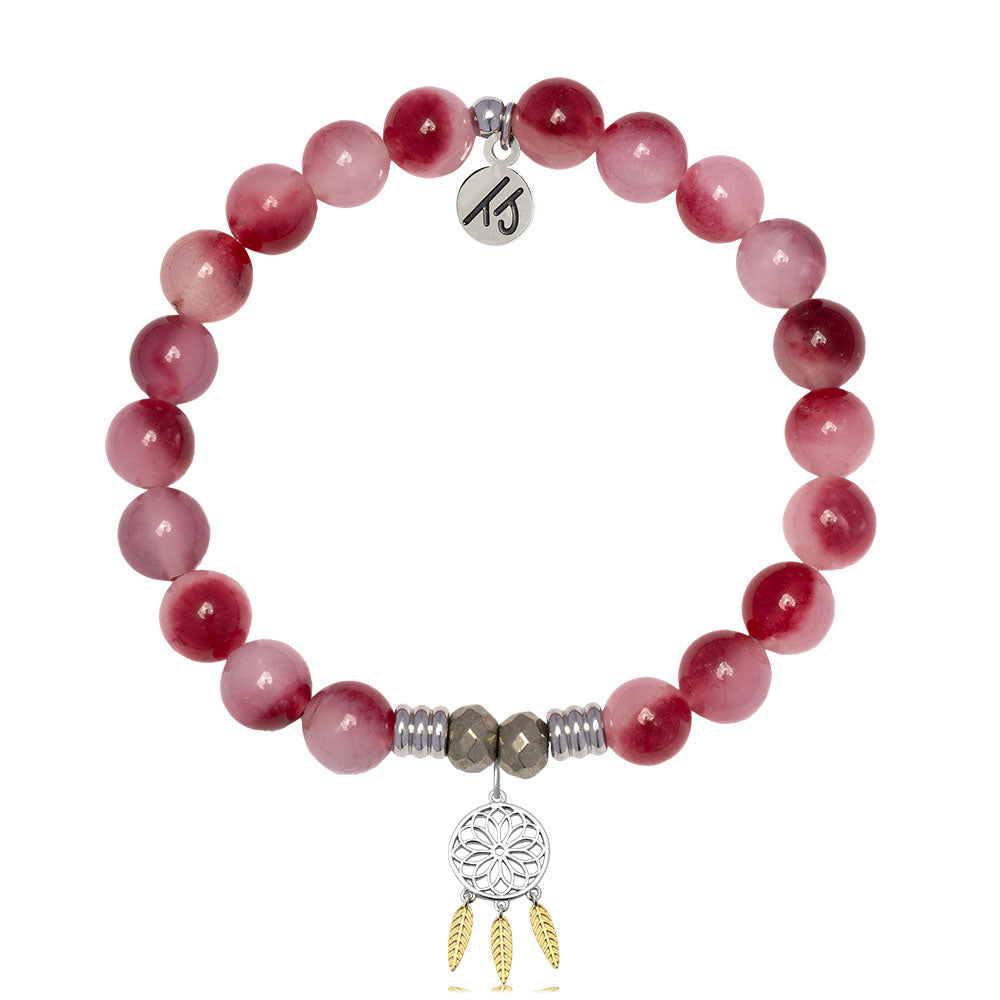 Cherry Jade Gemstone Bracelet with Dream Catcher Sterling Silver Charm