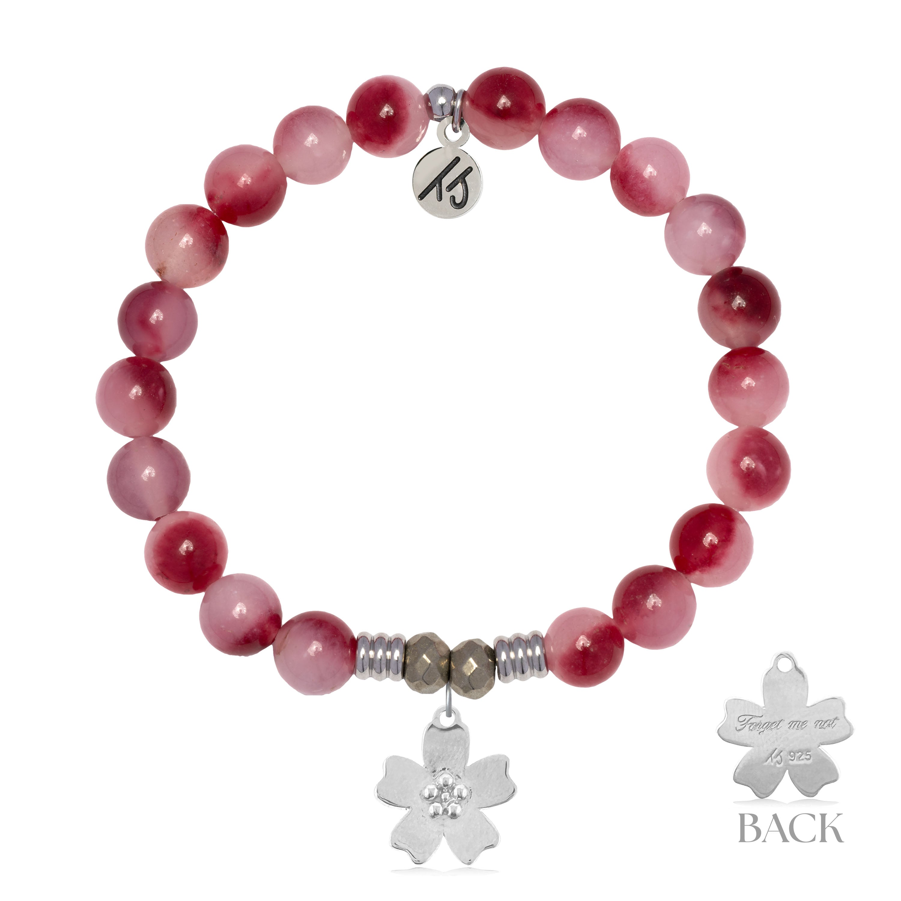 Cherry Jade Gemstone Bracelet with Forget Me Not Sterling Silver Charm