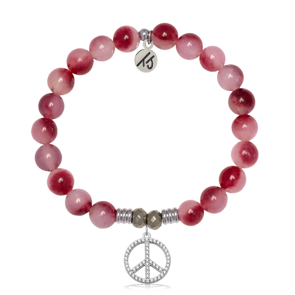 Cherry Jade Gemstone Bracelet with Peace CZ Sterling Silver Charm