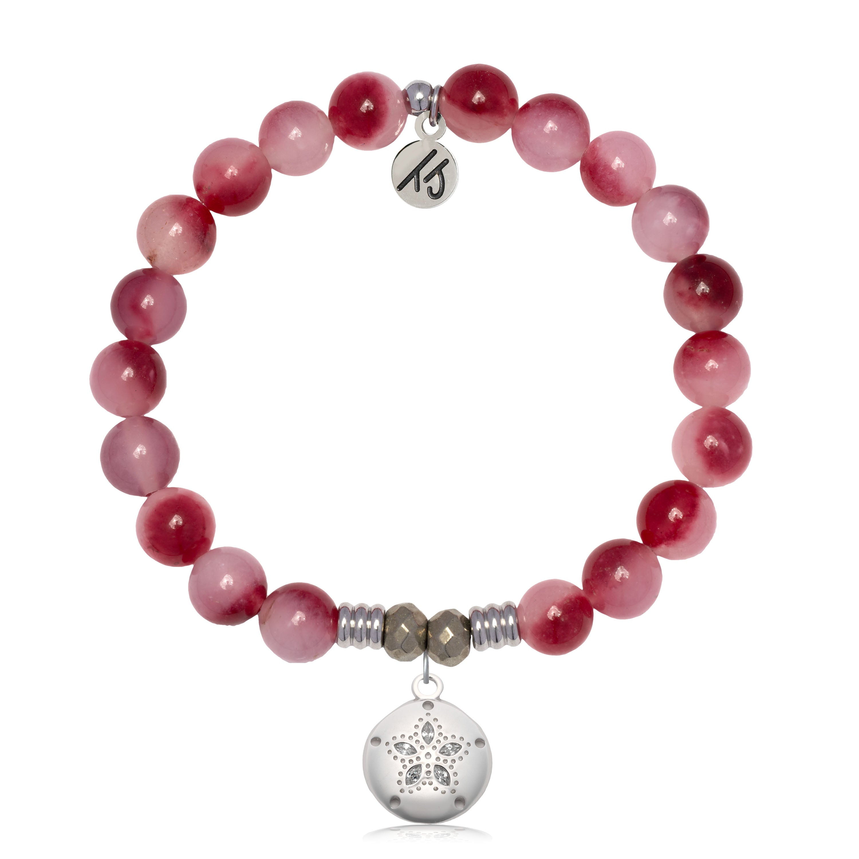 Cherry Jade Gemstone Bracelet with Sand Dollar CZ Sterling Silver Charm