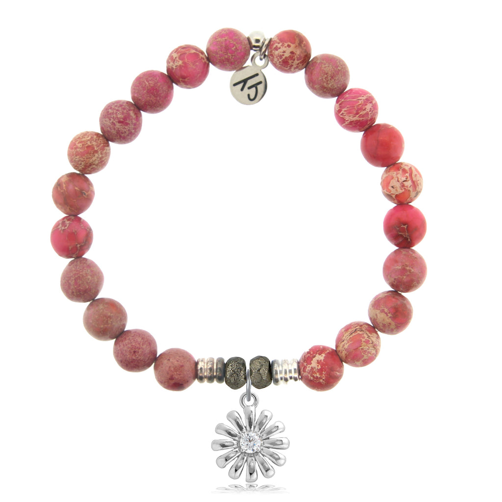 Cranberry Jasper Gemstone Bracelet with Daisy Sterling Silver Charm