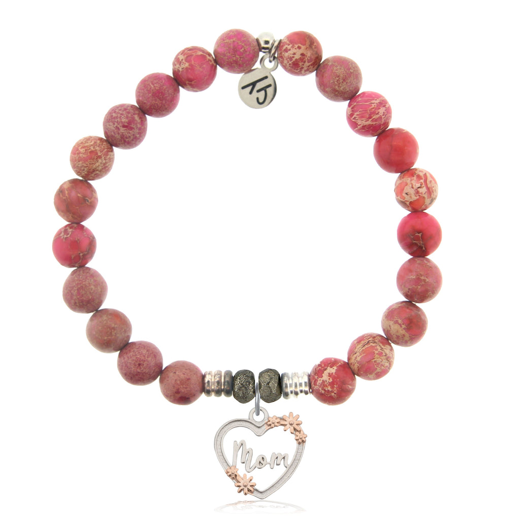 Cranberry Jasper Gemstone Bracelet with Heart Mom Sterling Silver Charm