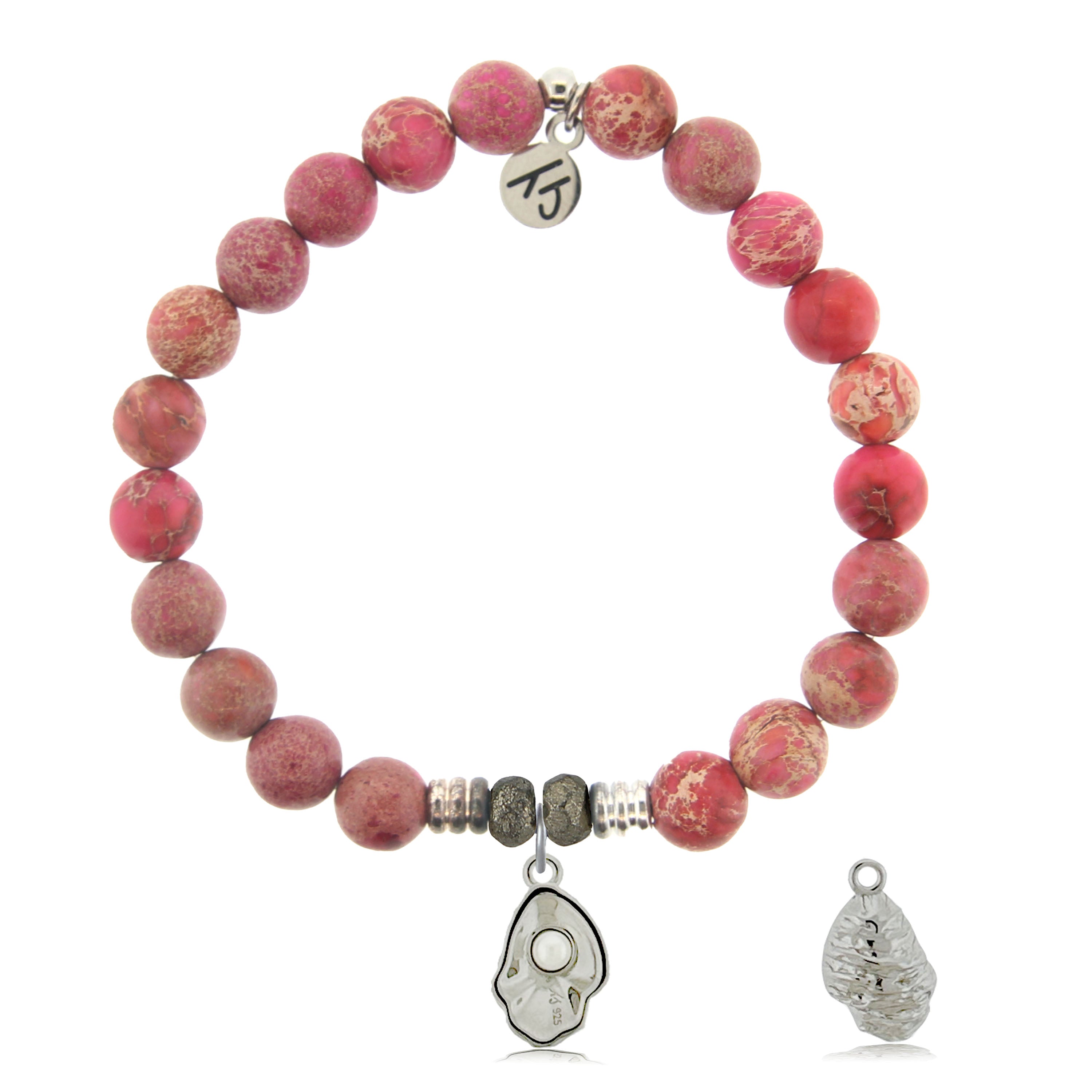 Cranberry Jasper Gemstone Bracelet with Oyster Sterling Silver Charm