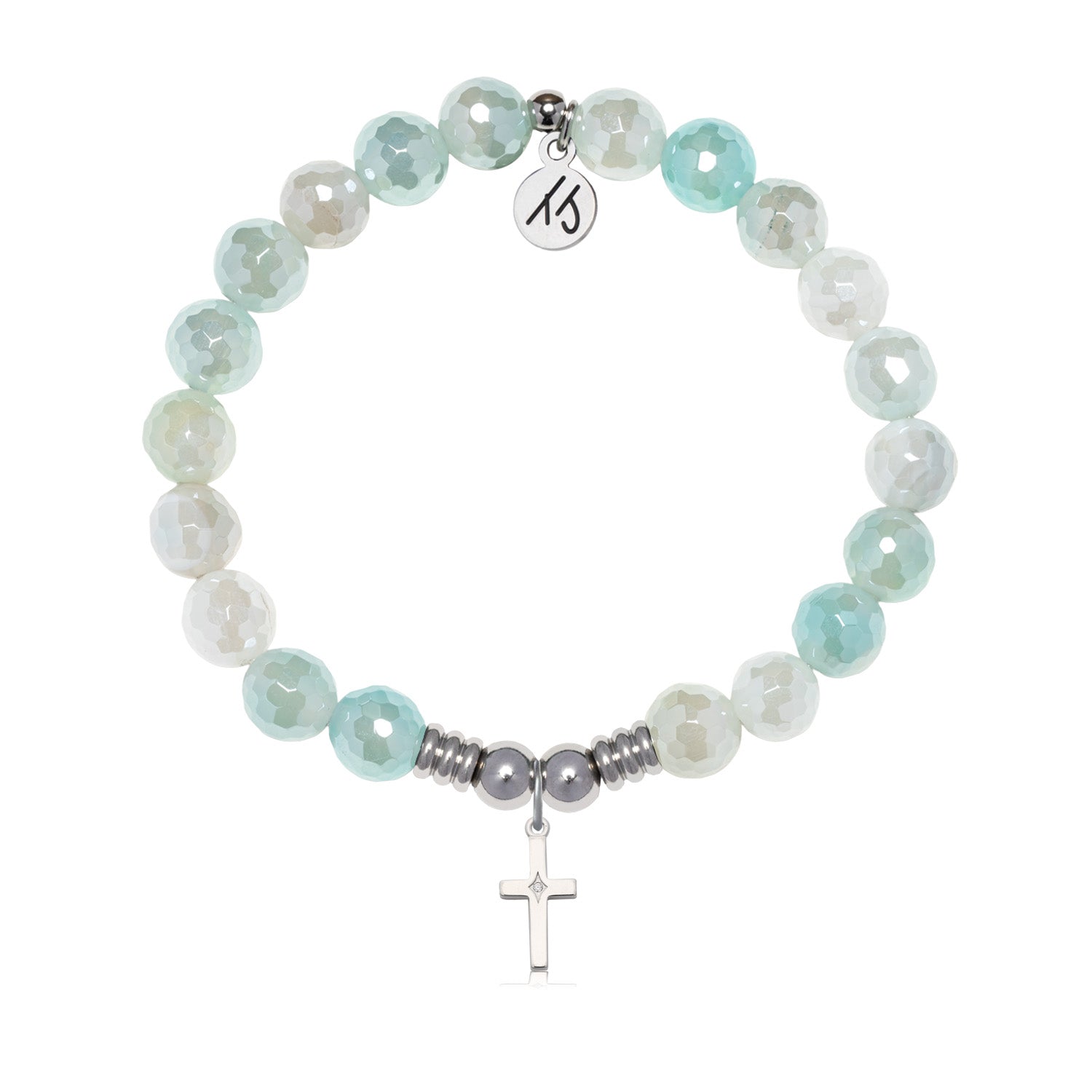 Cross CZ Charm with Aqua Agate Gemstone Bracelet