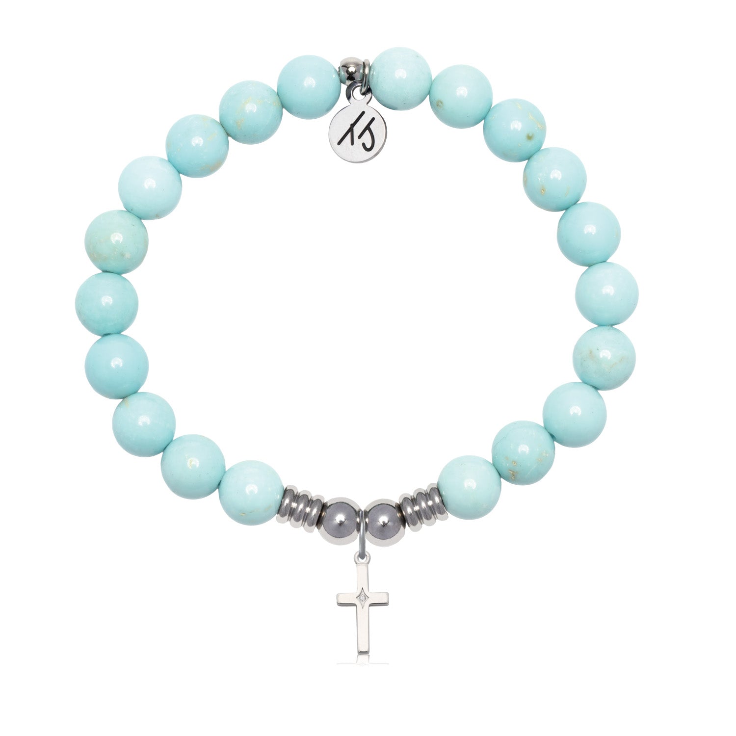Cross CZ Charm with Blue Turquoise Gemstone Bracelet