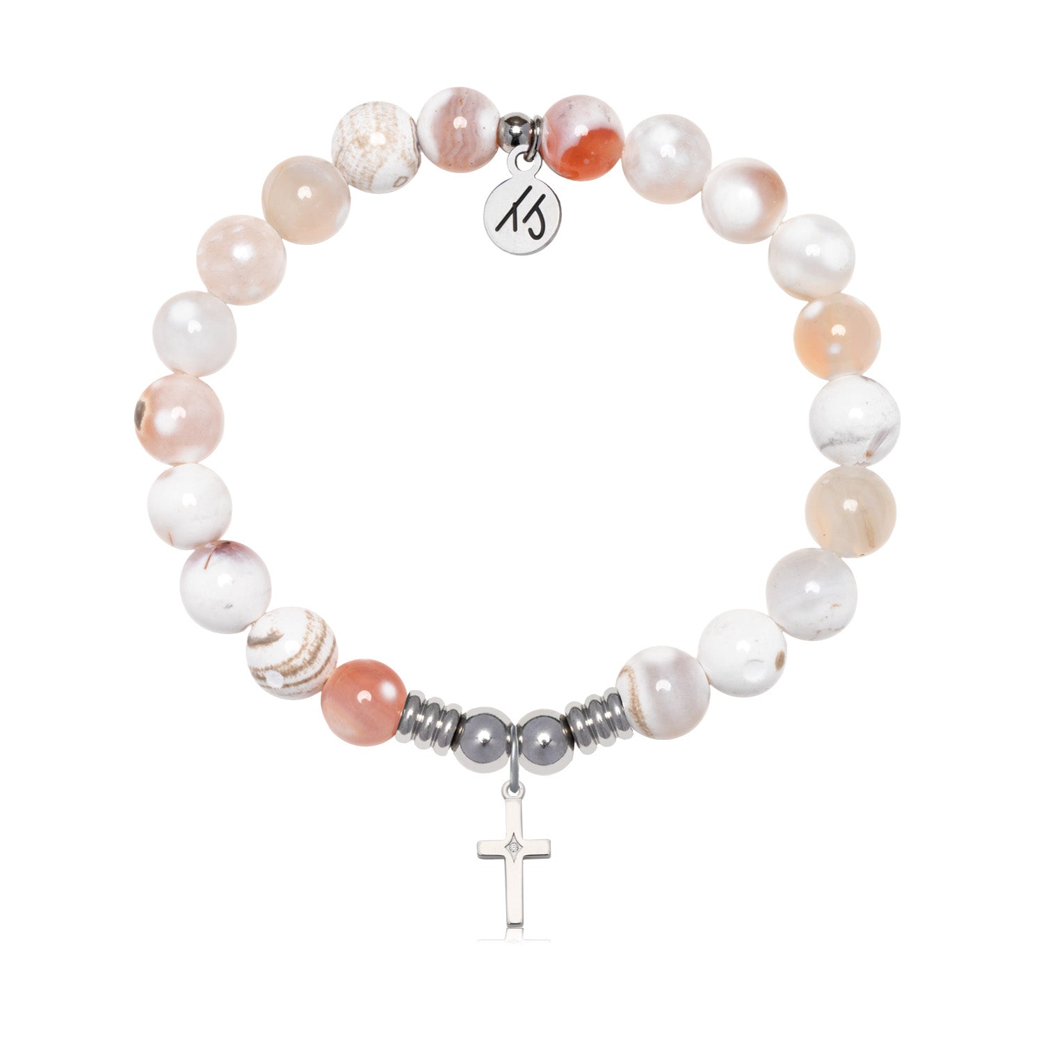 Cross CZ Charm with White Natural Agate Gemstone Bracelet