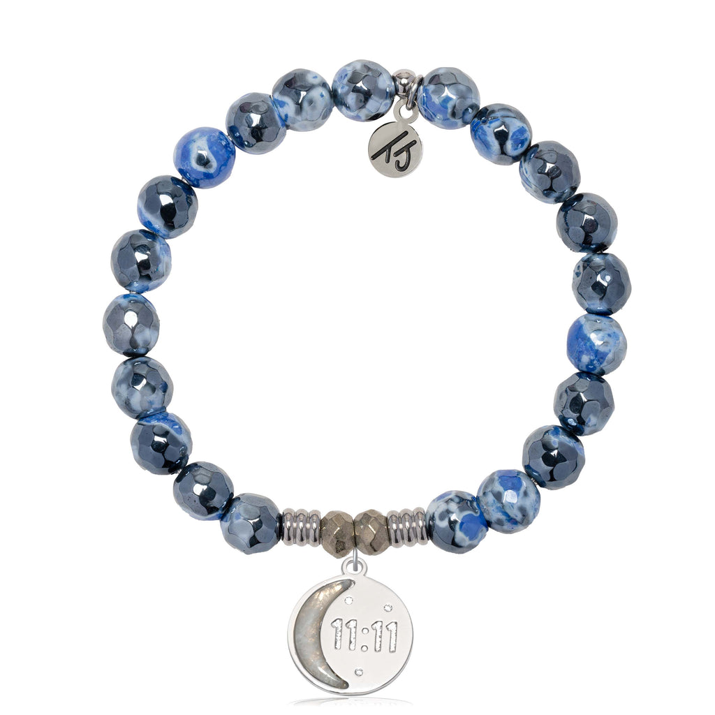 Denim Blue Agate Gemstone Bracelet with 11:11 Sterling Silver Charm