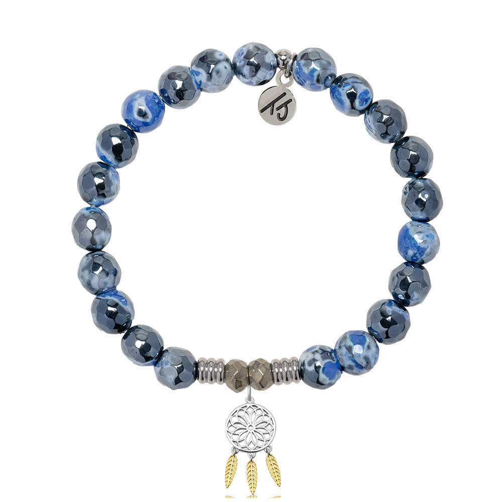 Denim Blue Agate Gemstone Bracelet with Dream Catcher Sterling Silver Charm