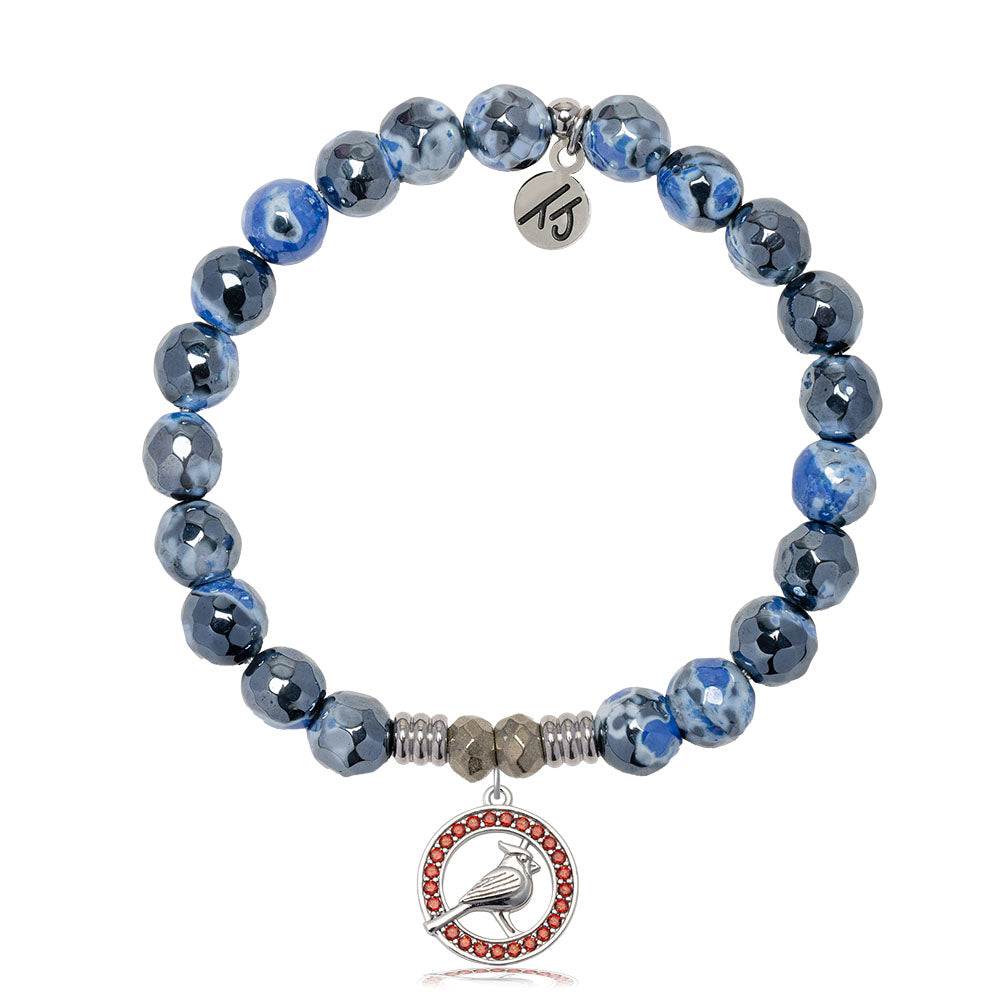 Denim Blue Agate Gemstone Bracelet with Garnet Cardinal CZ Sterling Silver Charm