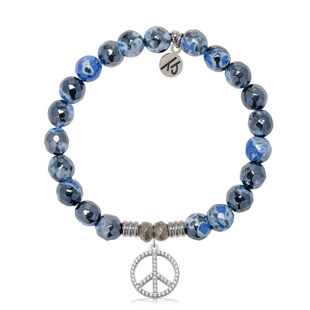 Denim Blue Agate Gemstone Bracelet with Peace CZ Sterling Silver Charm