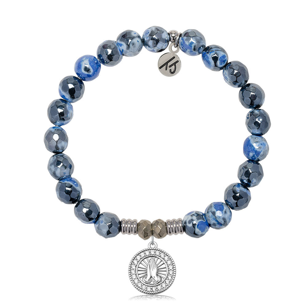 Denim Blue Agate Gemstone Bracelet with Prayers CZ Sterling Silver Charm