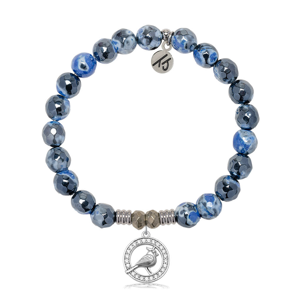 Denim Blue Agate Gemstone Bracelet with White Cardinal CZ Sterling Silver Charm