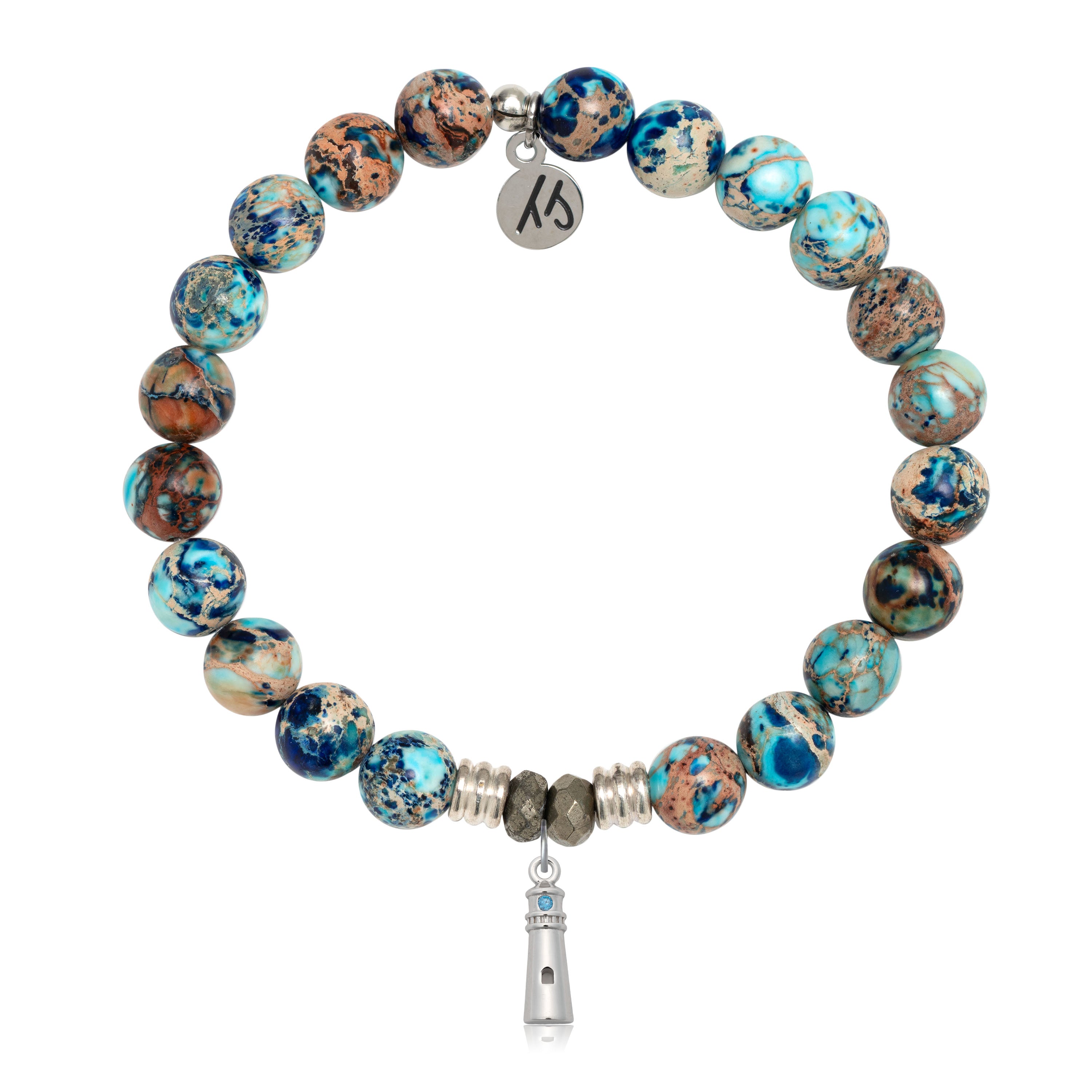 Earth Jasper Gemstone Bracelet with Lighthouse Sterling Silver Charm