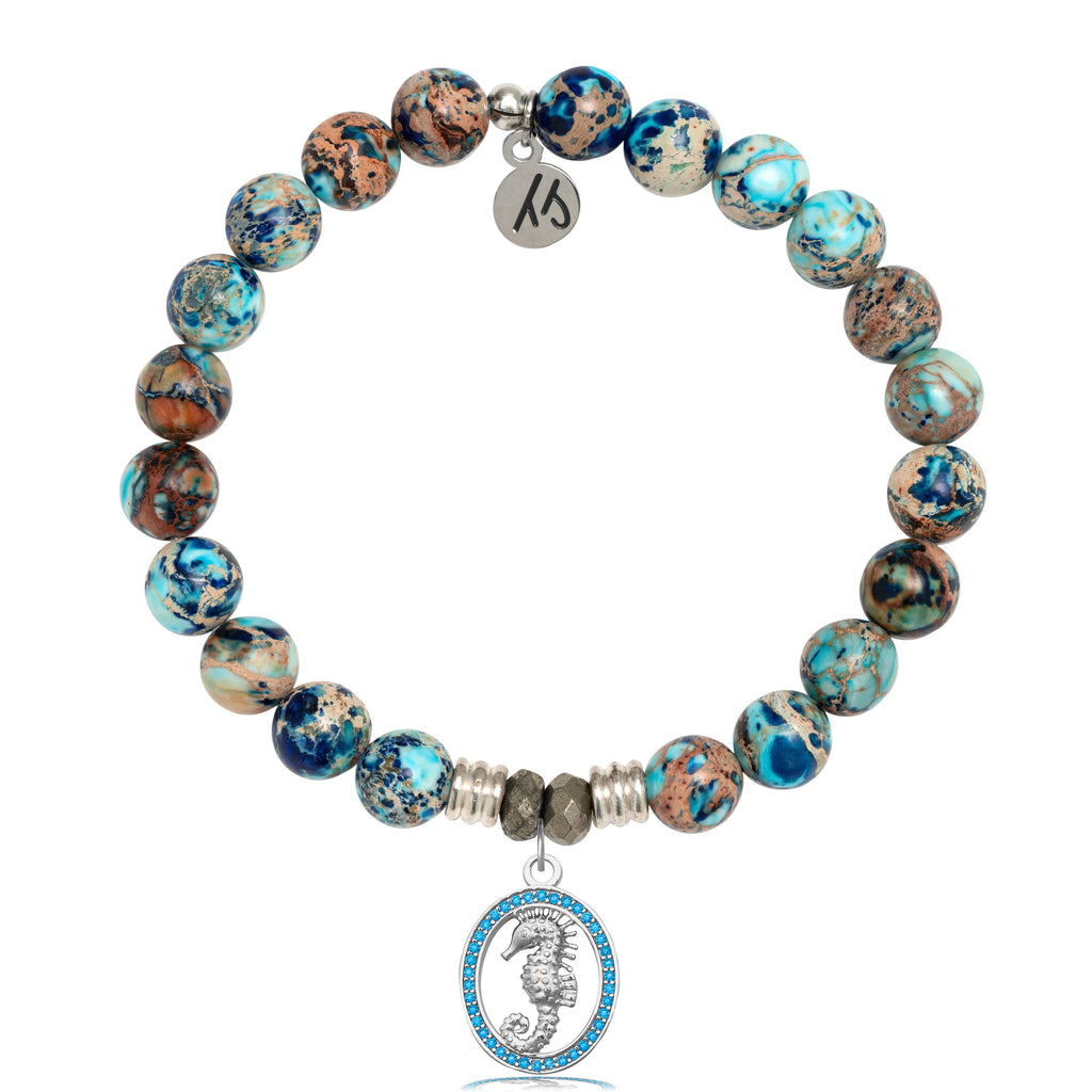 Earth Jasper Stone Bracelet with Seahorse Sterling Silver Charm