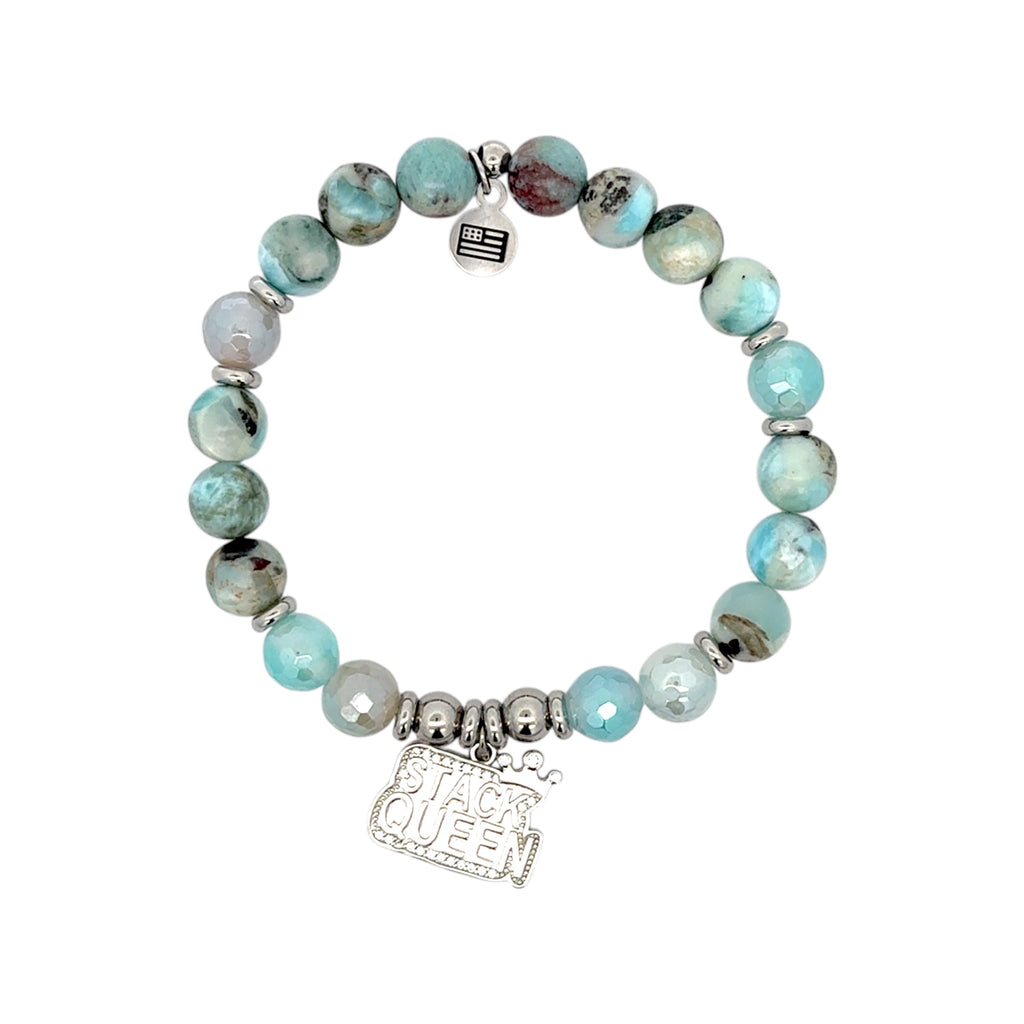 Exclusive Aqua Agate & Larimar Gemstone Bracelet with STACK QUEEN Sterling Silver Charm