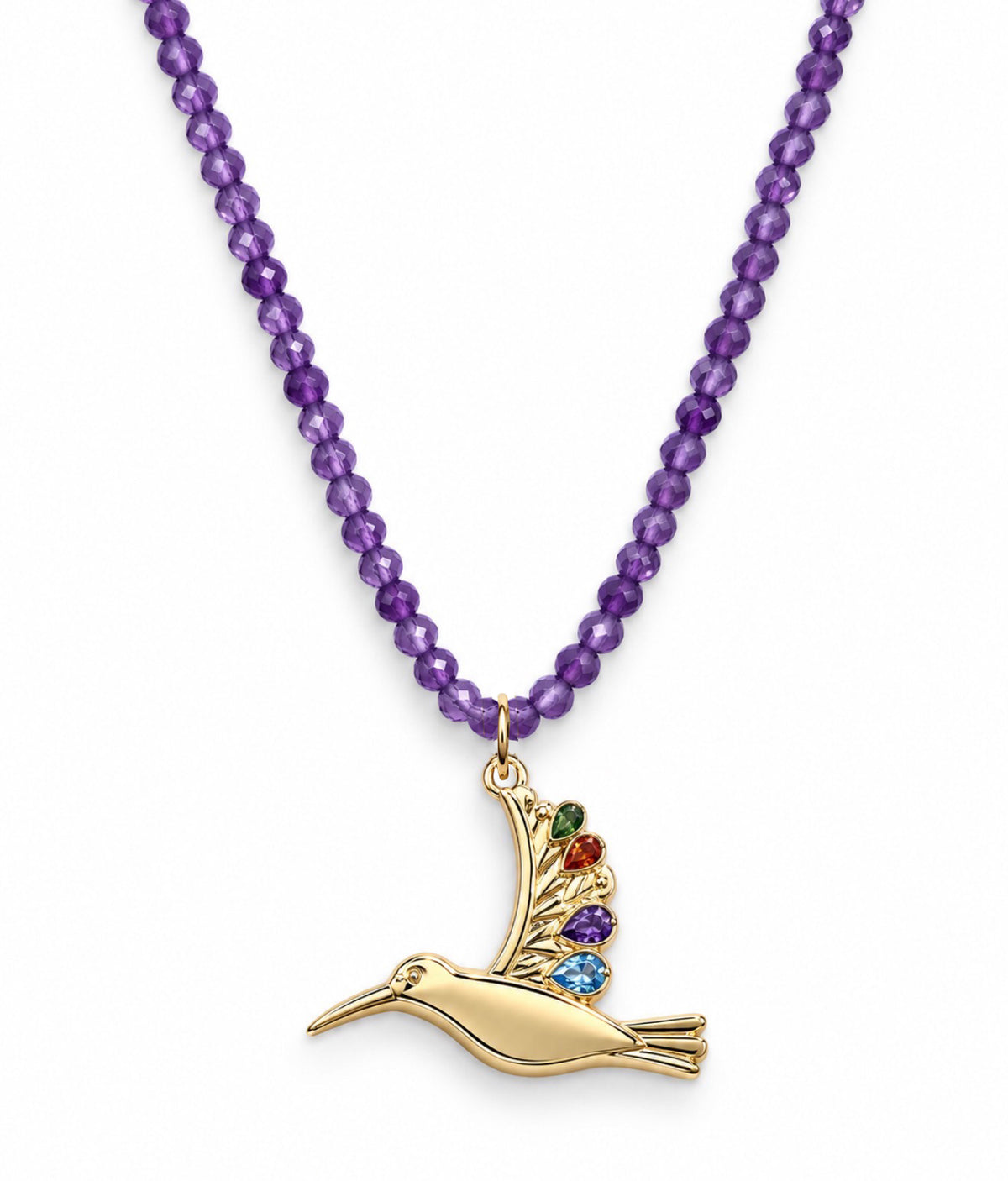 Exclusive Sterling Silver Gold Plated Hummingbird Charm with Amethyst Necklace