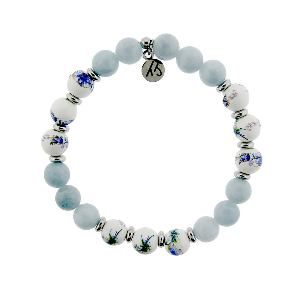 Floral Moments Bracelet- Light Blue Quartz and Orchid Painted Porcelain Beads