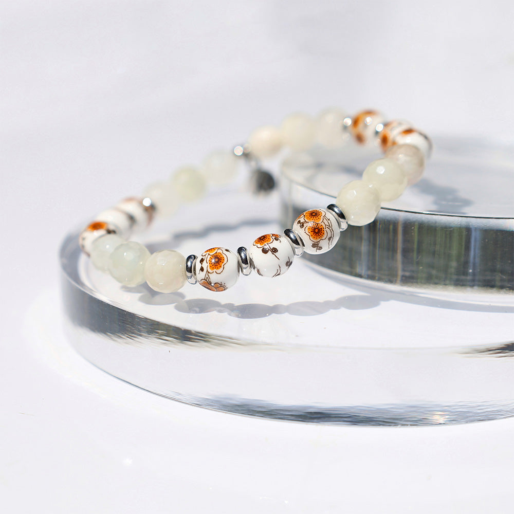 Floral Moments Bracelet- Moonstone and Lily Painted Porcelain Beads