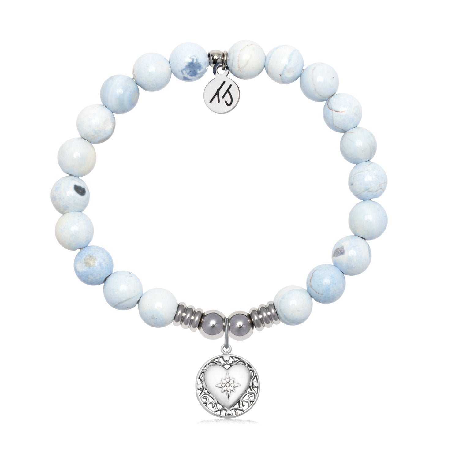 Friendship Heart Charm with Light Blue White Agate Gemstone Bracelet
