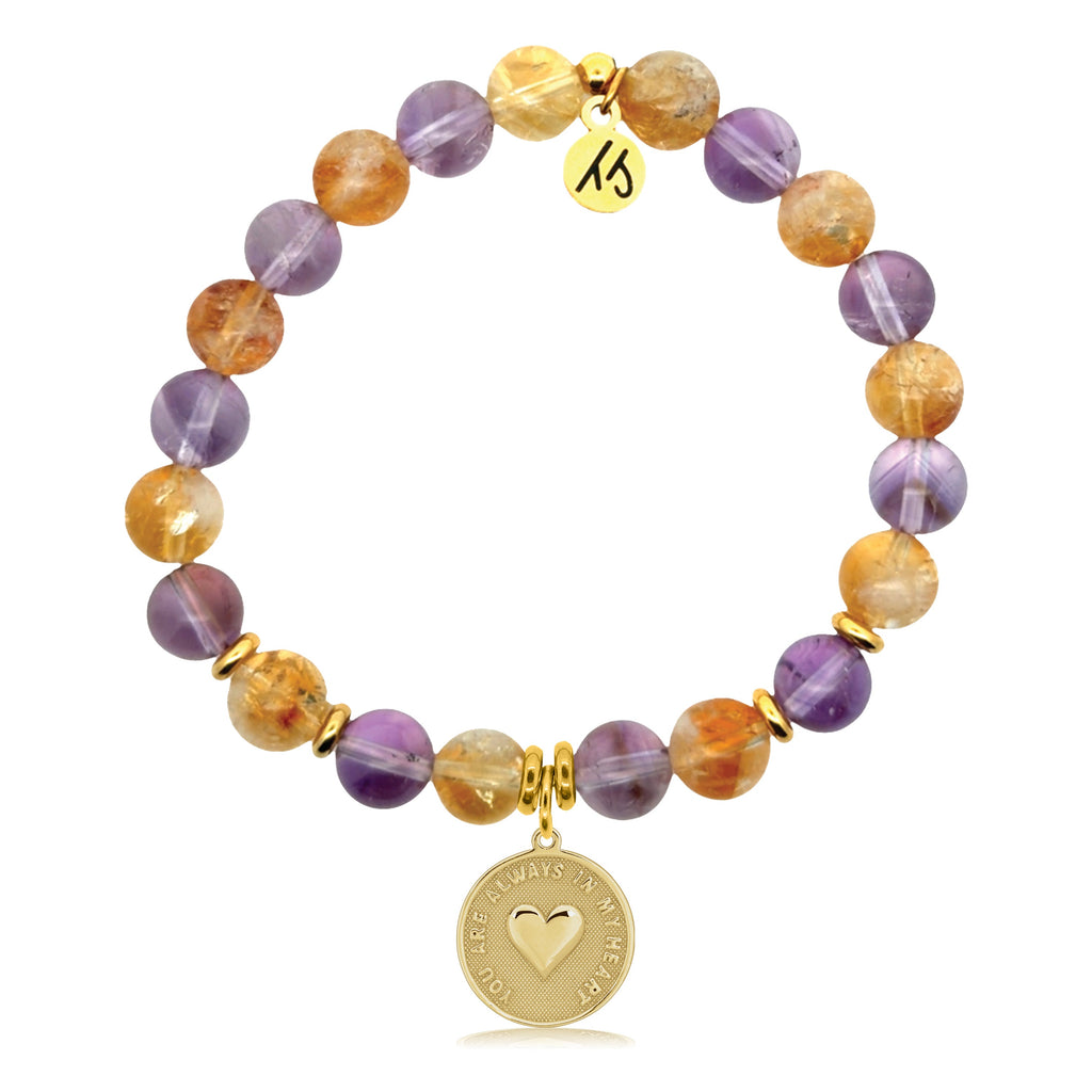 Gold Charm Collection - Amethyst Citrine Gemstone Bracelet with Always in my Heart Gold Charm