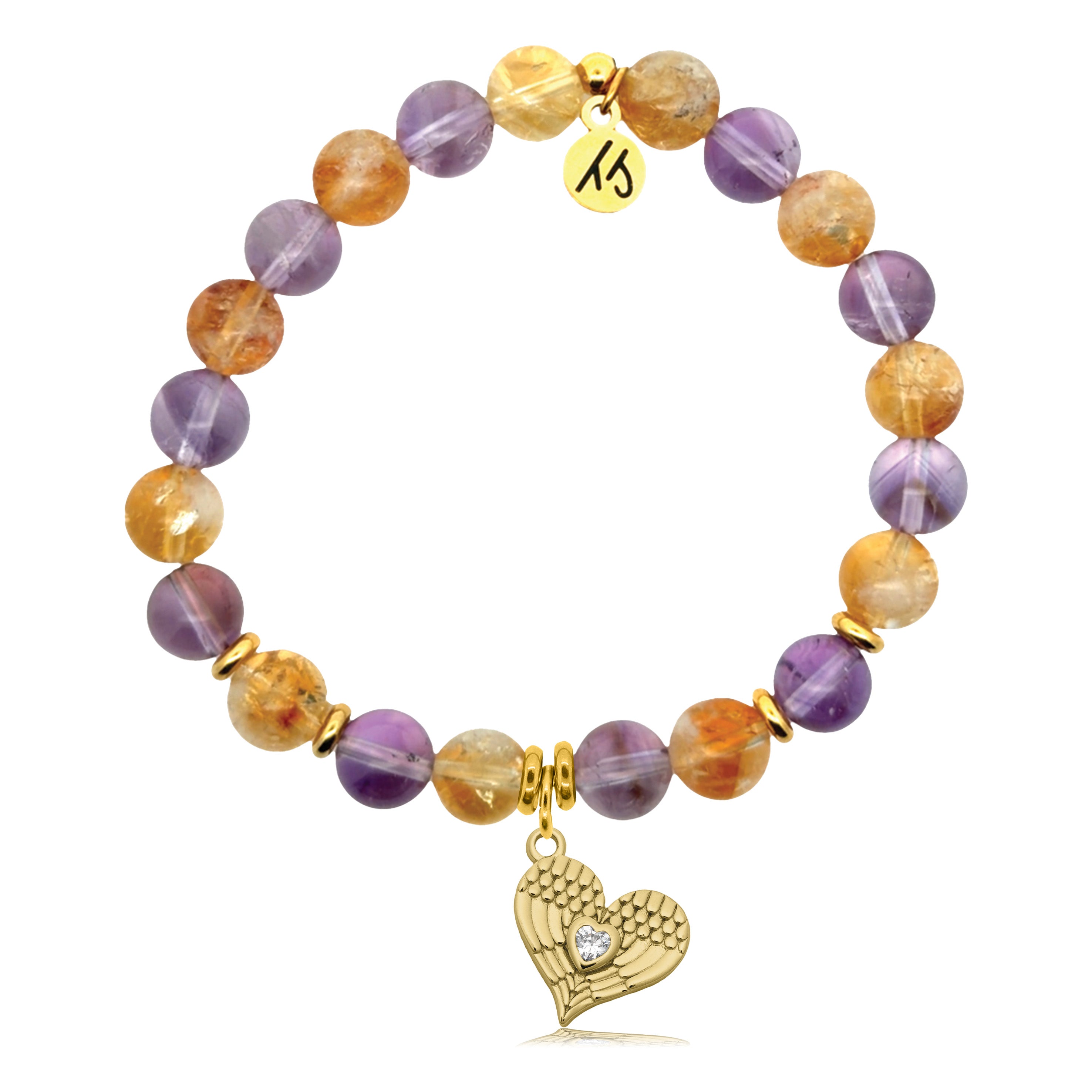 Gold Charm Collection - Amethyst Citrine Gemstone Bracelet with Angel Love Gold Charm