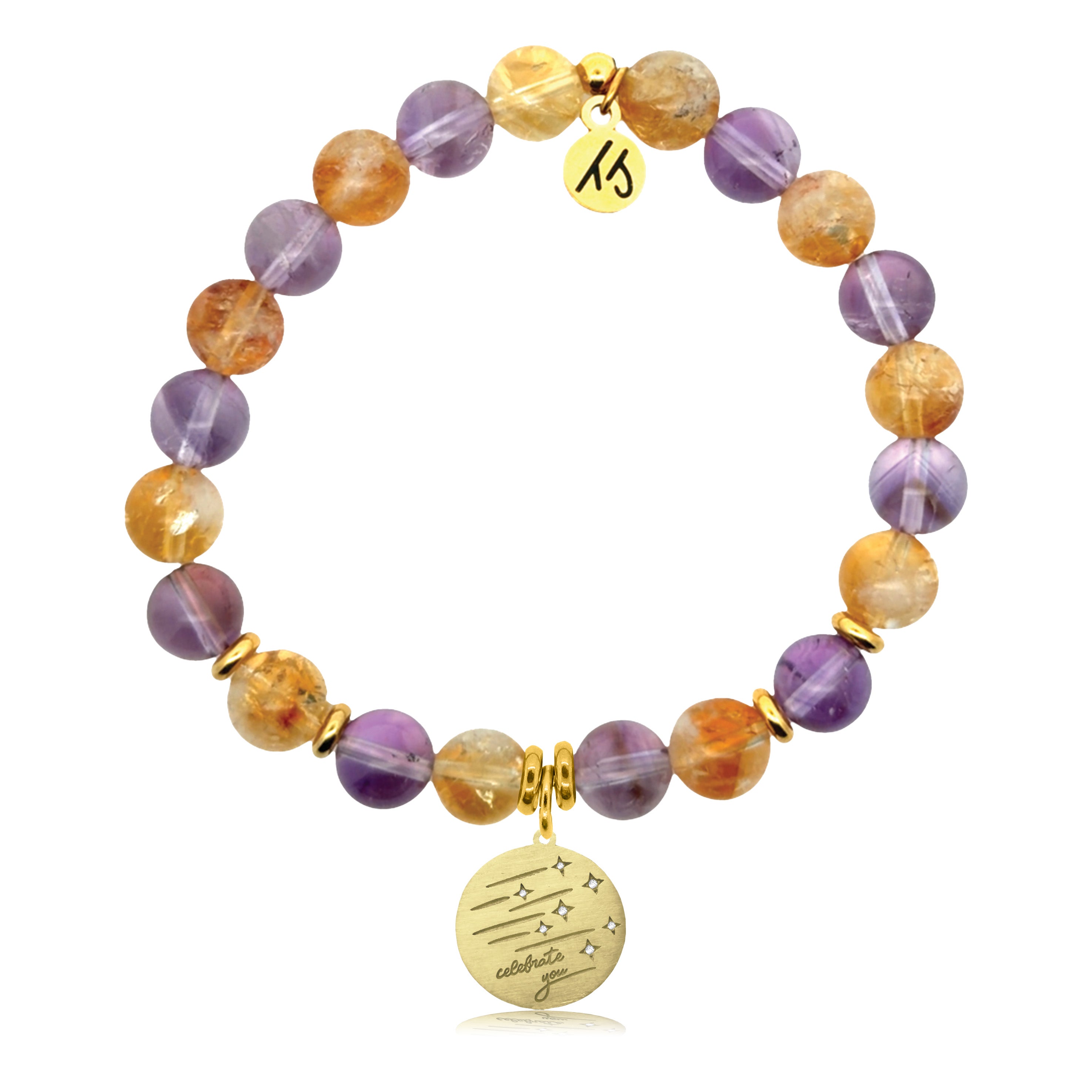 Gold Charm Collection - Amethyst Citrine Gemstone Bracelet with Birthday Wishes Gold Charm