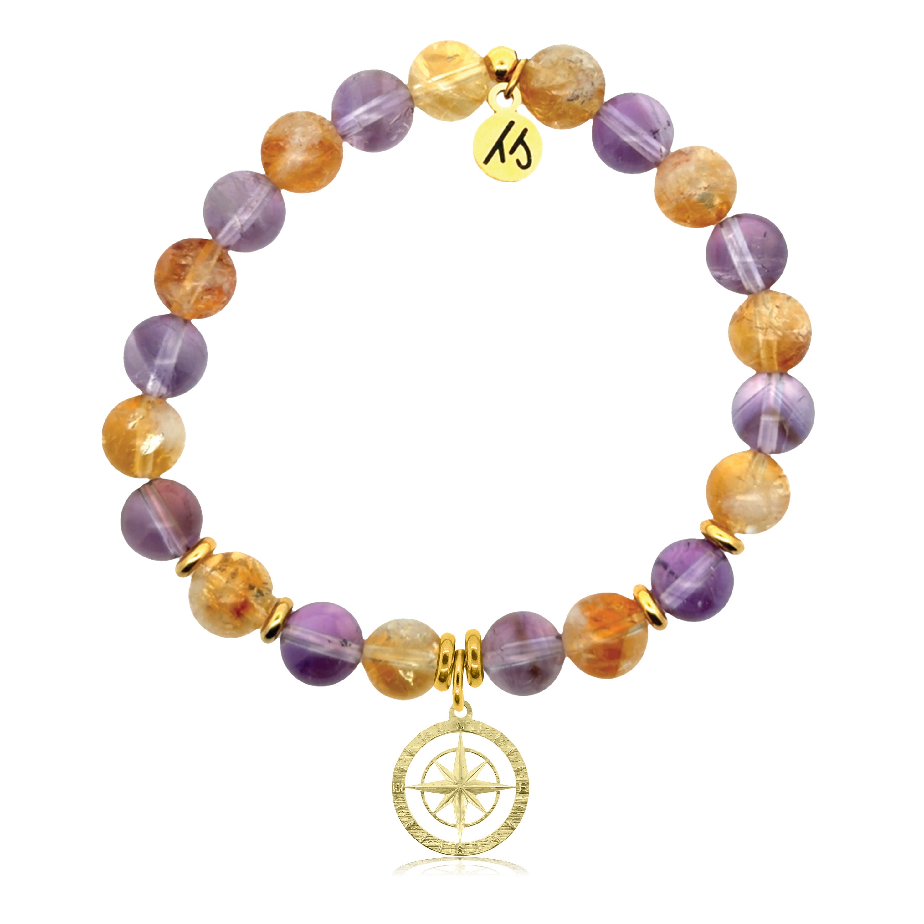 Gold Charm Collection - Amethyst Citrine Gemstone Bracelet with Compass Rose Gold Charm