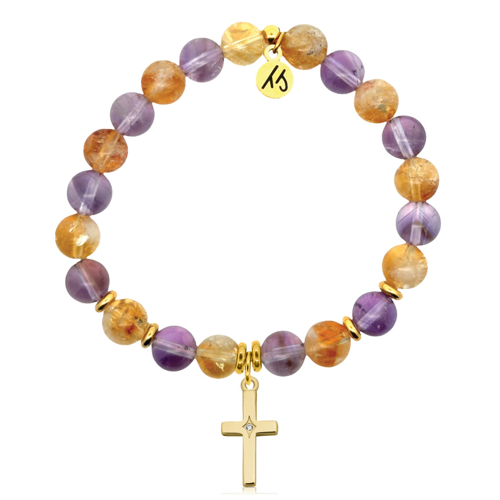 Gold Charm Collection - Amethyst Citrine Gemstone Bracelet with Cross CZ Gold Charm
