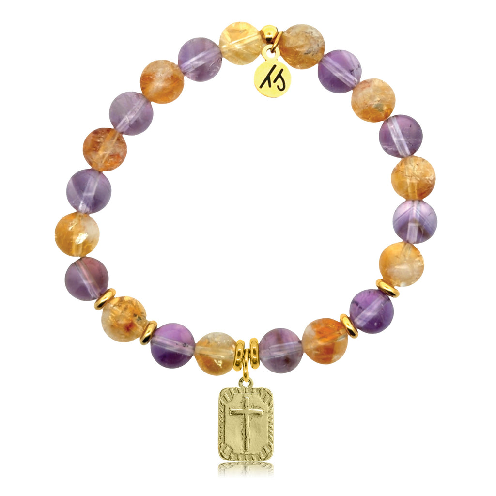 Gold Charm Collection - Amethyst Citrine Gemstone Bracelet with Cross Rectangle Gold Charm