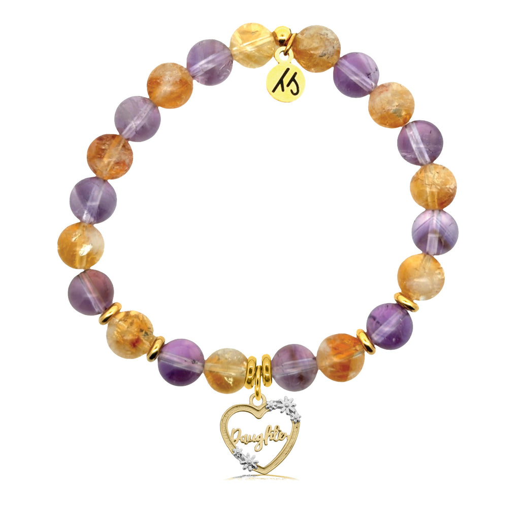 Gold Charm Collection - Amethyst Citrine Gemstone Bracelet with Daughter Heart Gold Charm