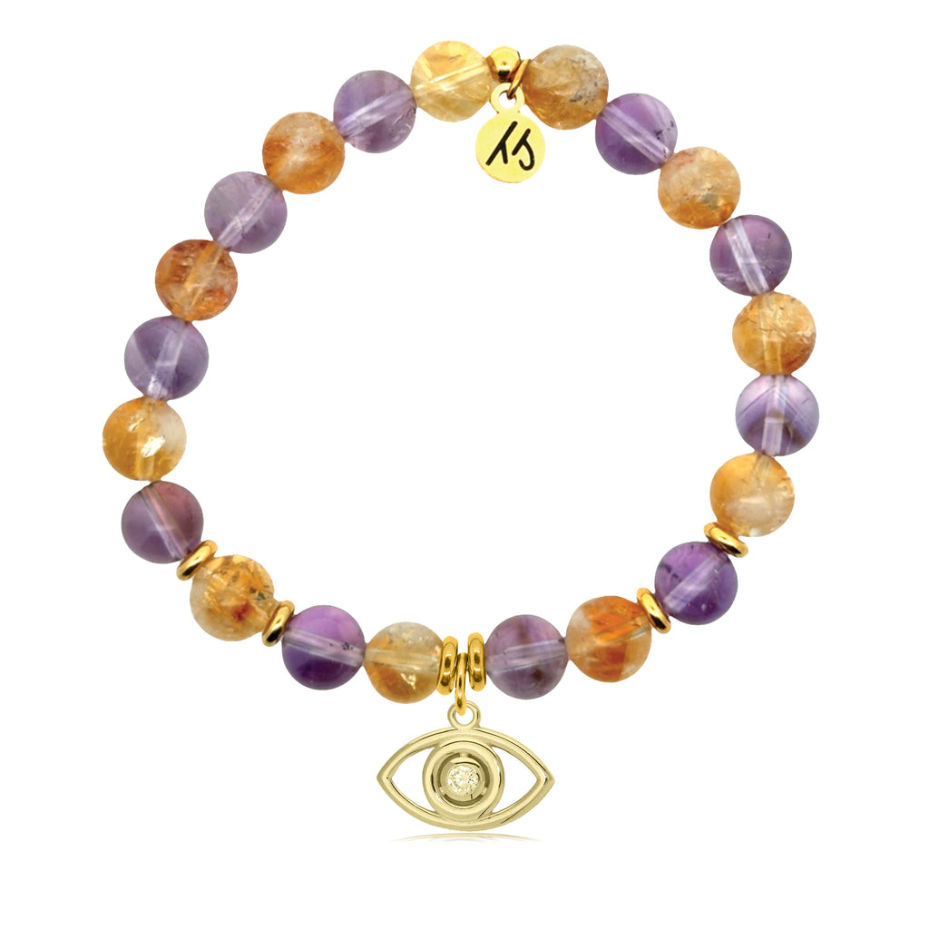 Gold Charm Collection - Amethyst Citrine Gemstone Bracelet with Evil Eye Gold Charm