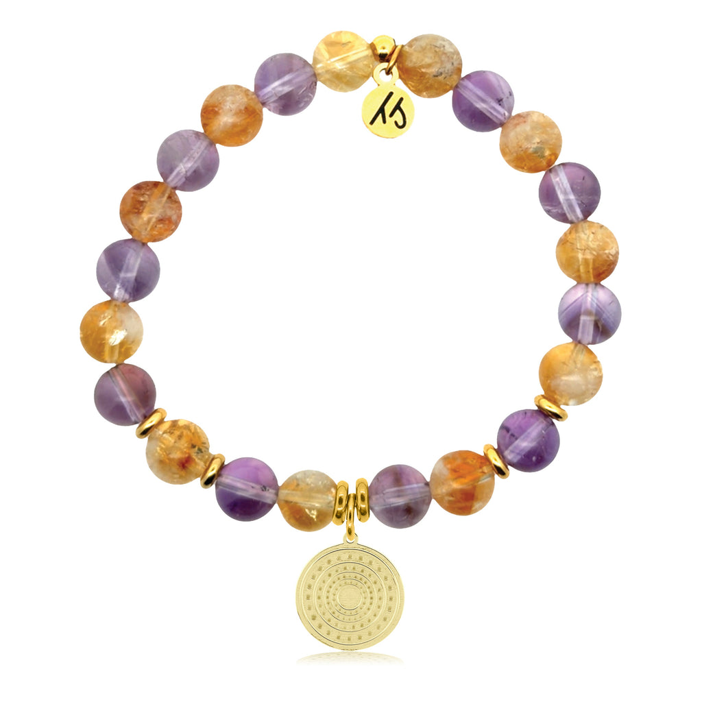 Gold Charm Collection - Amethyst Citrine Gemstone Bracelet with Family Circle Gold Charm