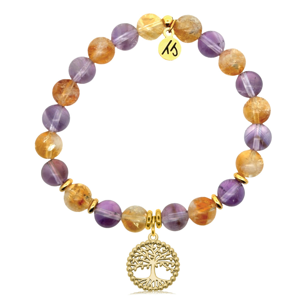 Gold Charm Collection - Amethyst Citrine Gemstone Bracelet with Family Tree Gold Charm