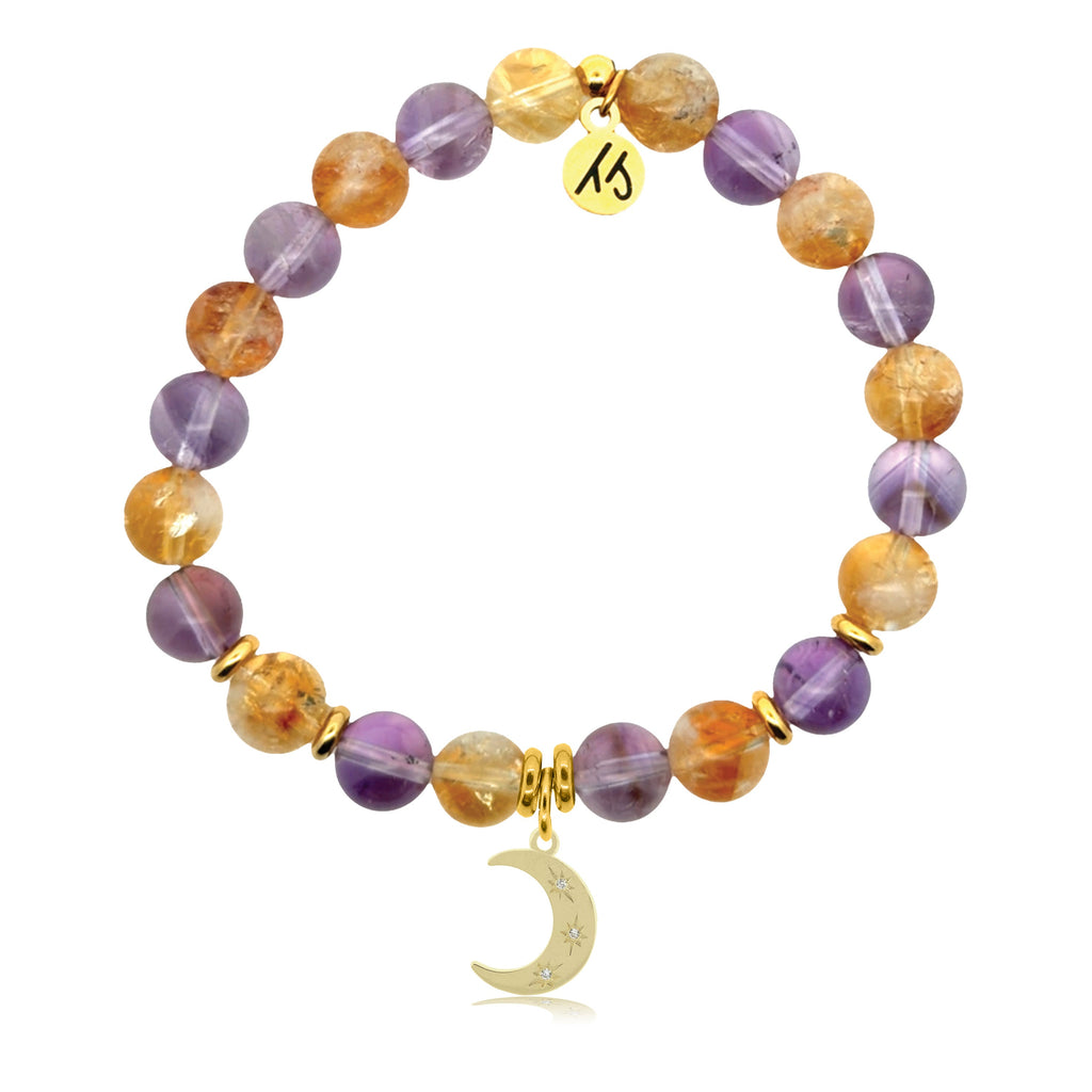 Gold Charm Collection - Amethyst Citrine Gemstone Bracelet with Friendship Stars Gold Charm