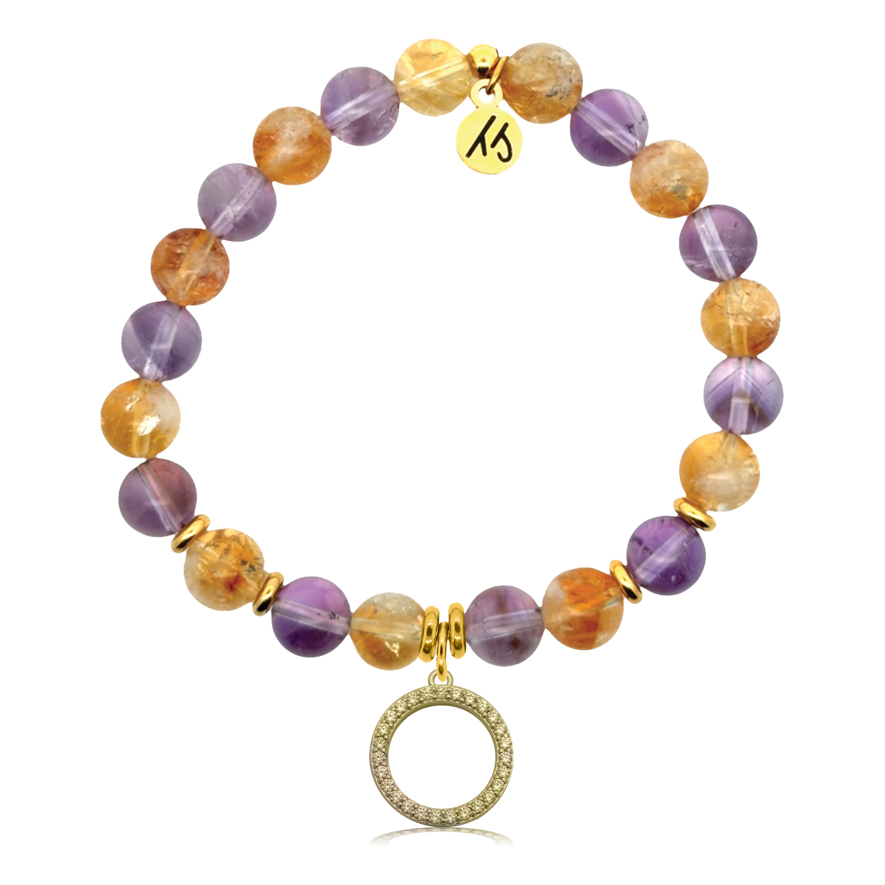 Gold Charm Collection - Amethyst Citrine Gemstone Bracelet with Good Karma Gold Charm