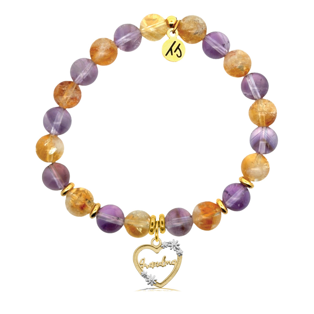 Gold Charm Collection - Amethyst Citrine Gemstone Bracelet with Grandma Heart Gold Charm