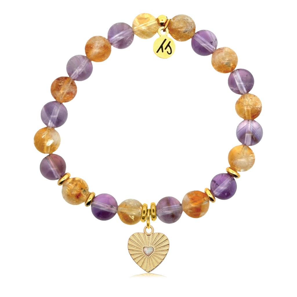 Gold Charm Collection - Amethyst Citrine Gemstone Bracelet with Heart Opal Gold Charm