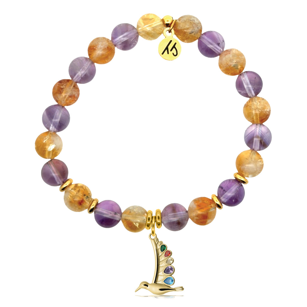 Gold Charm Collection - Amethyst Citrine Gemstone Bracelet with Hummingbird Gold Charm