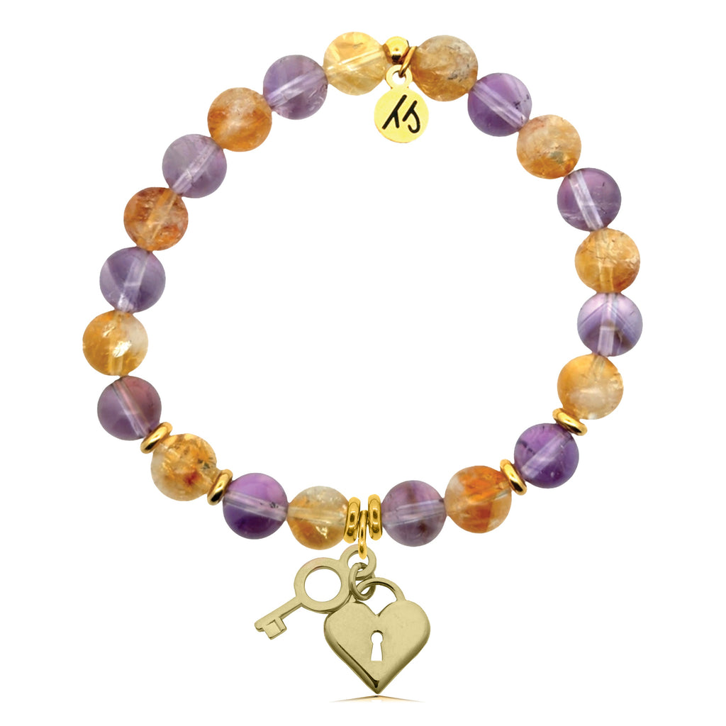Gold Charm Collection - Amethyst Citrine Gemstone Bracelet with Key To My Heart Gold Charm