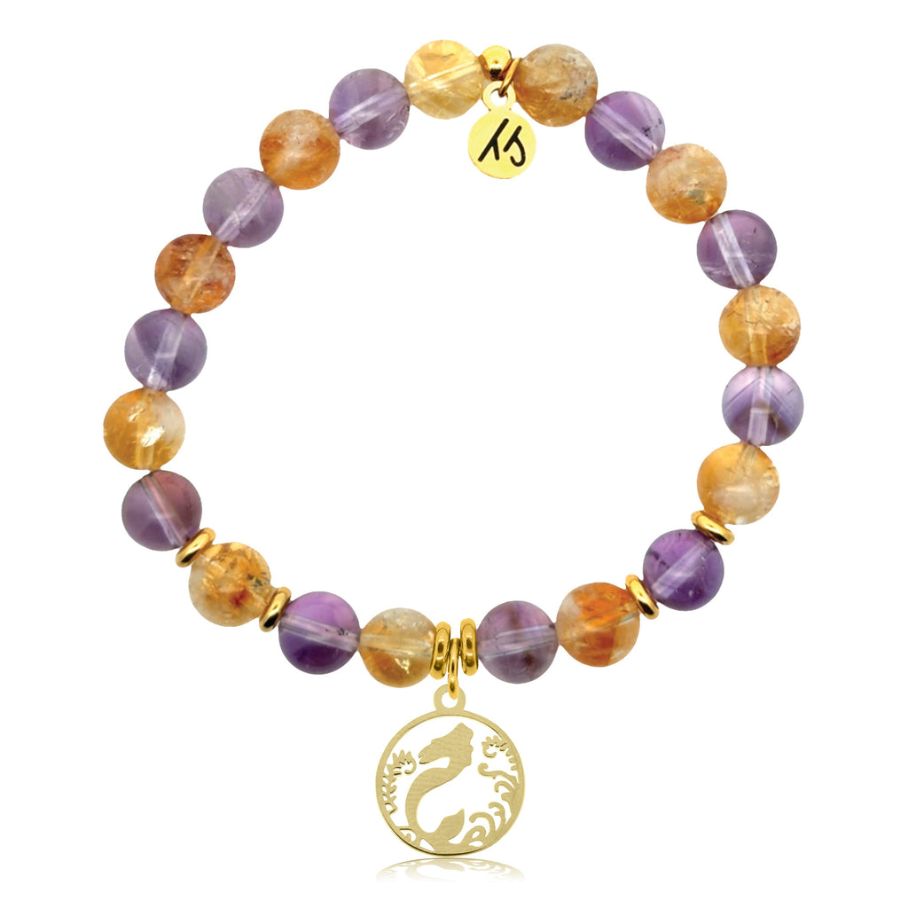 Gold Charm Collection - Amethyst Citrine Gemstone Bracelet with Mermaid Gold Charm