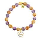 Gold Charm Collection - Amethyst Citrine Gemstone Bracelet with Mom Heart Gold Charm